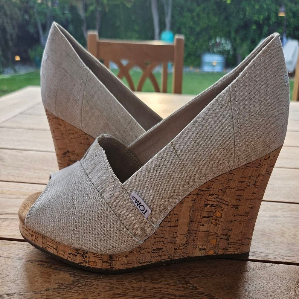 TOMS Classic Espadrille Wedge Natural Crosshatch Jacquard Women's Size 10